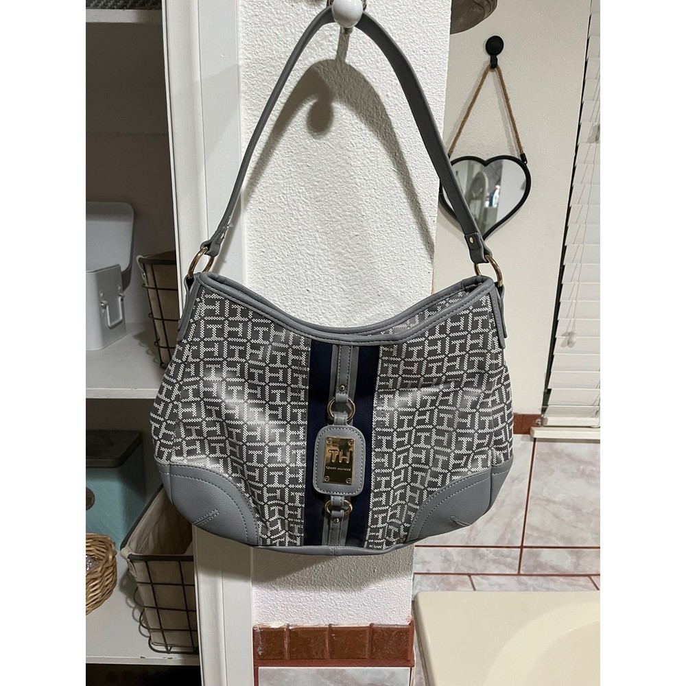Tommy Hilfiger Grey Monogram Jacquard Hobo Bag Navy Stripe Shoulder Purse